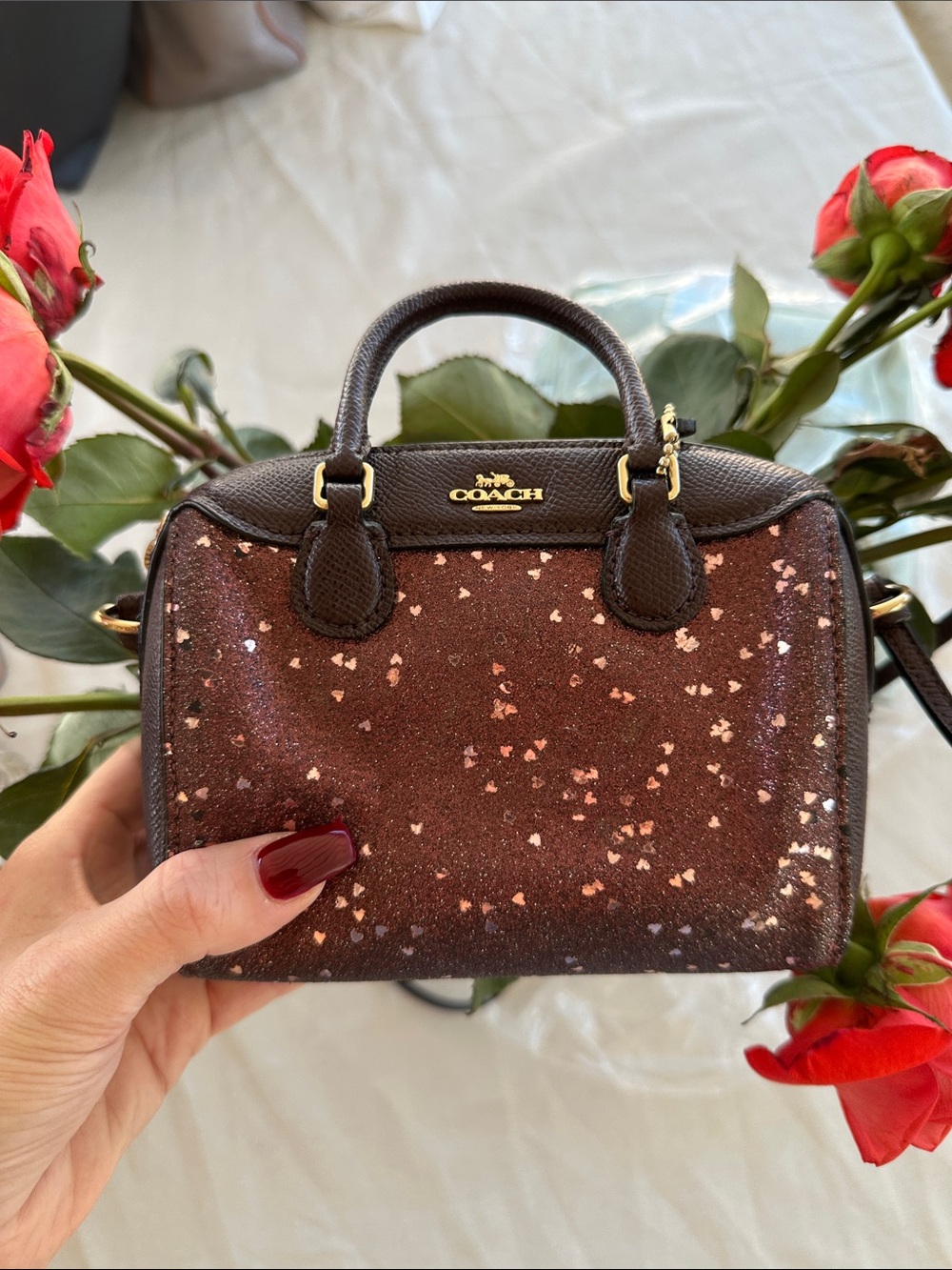 COACH Burgundy Glitter Mini Satchel - Women's Crossbody Bag